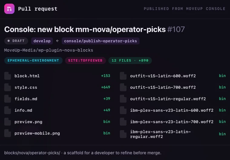 The draft pull request for the new block: twelve files, labelled for ToffeeWeb