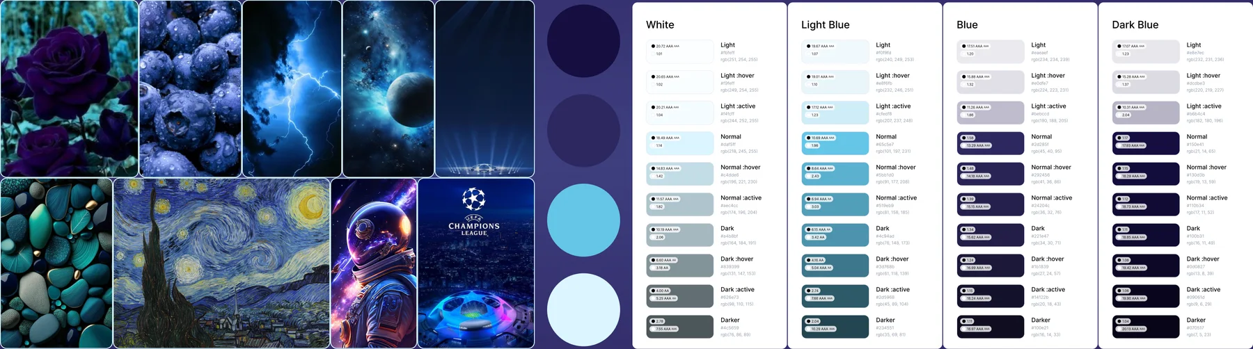 The mood board and the color palette: deep blues, violets and the Champions League references