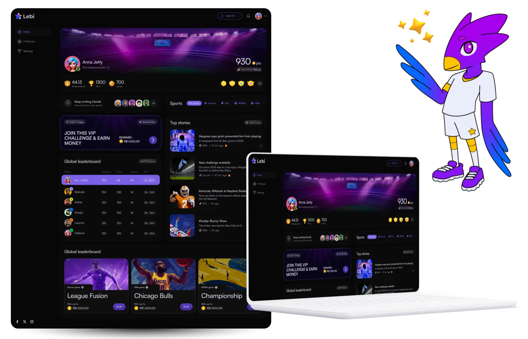 The logged-in dashboard in the dark theme, on desktop and laptop, with the Lebi mascot