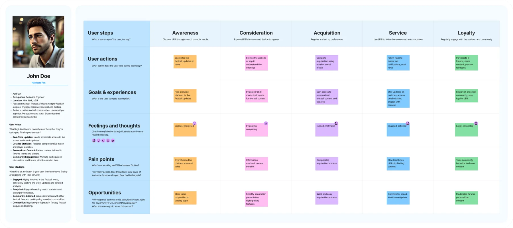 User journey map for a football fan persona, from awareness to loyalty