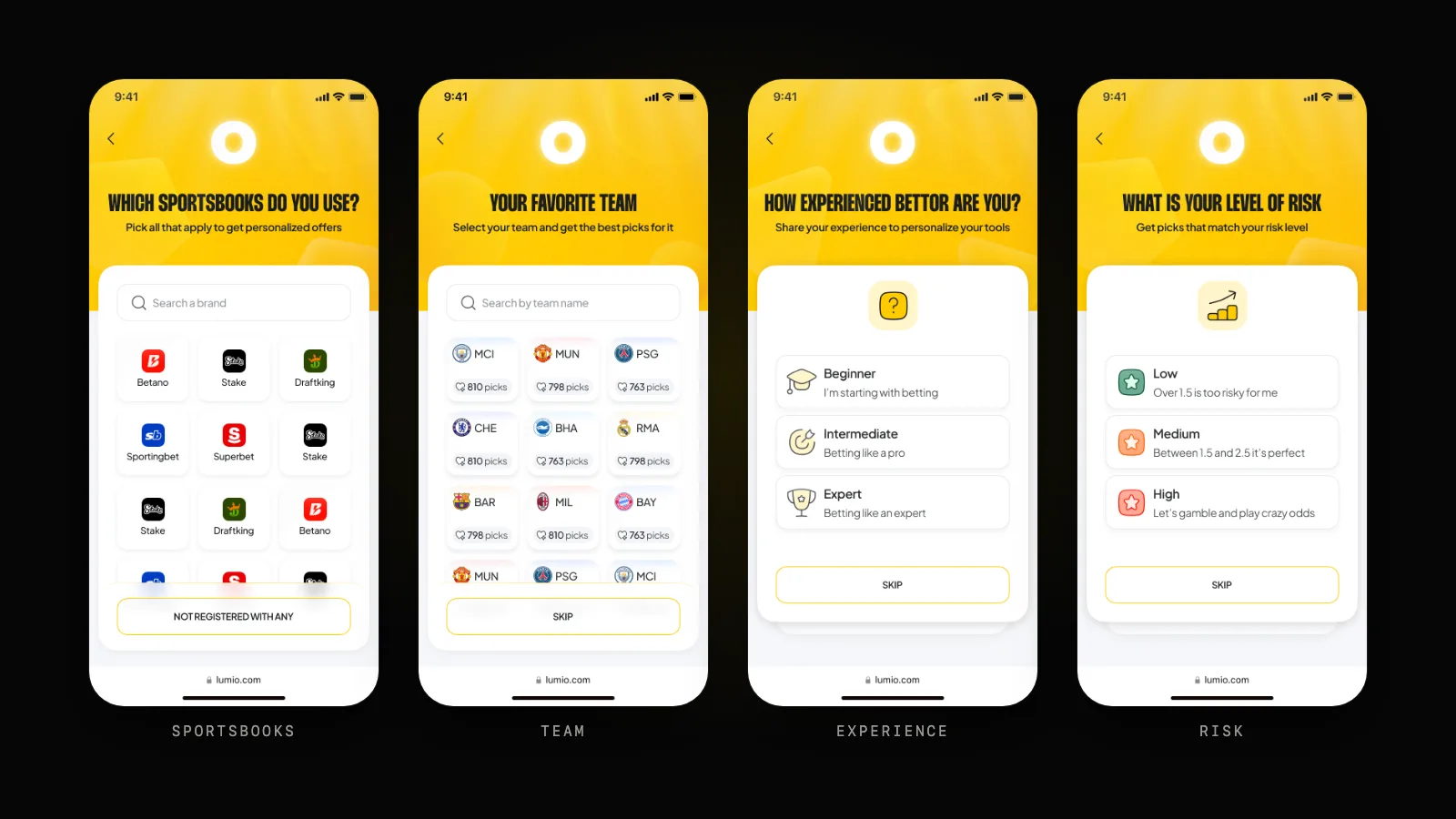 Four sign up steps: which sportsbooks do you use, your favorite team, how experienced a bettor you are, and your level of risk