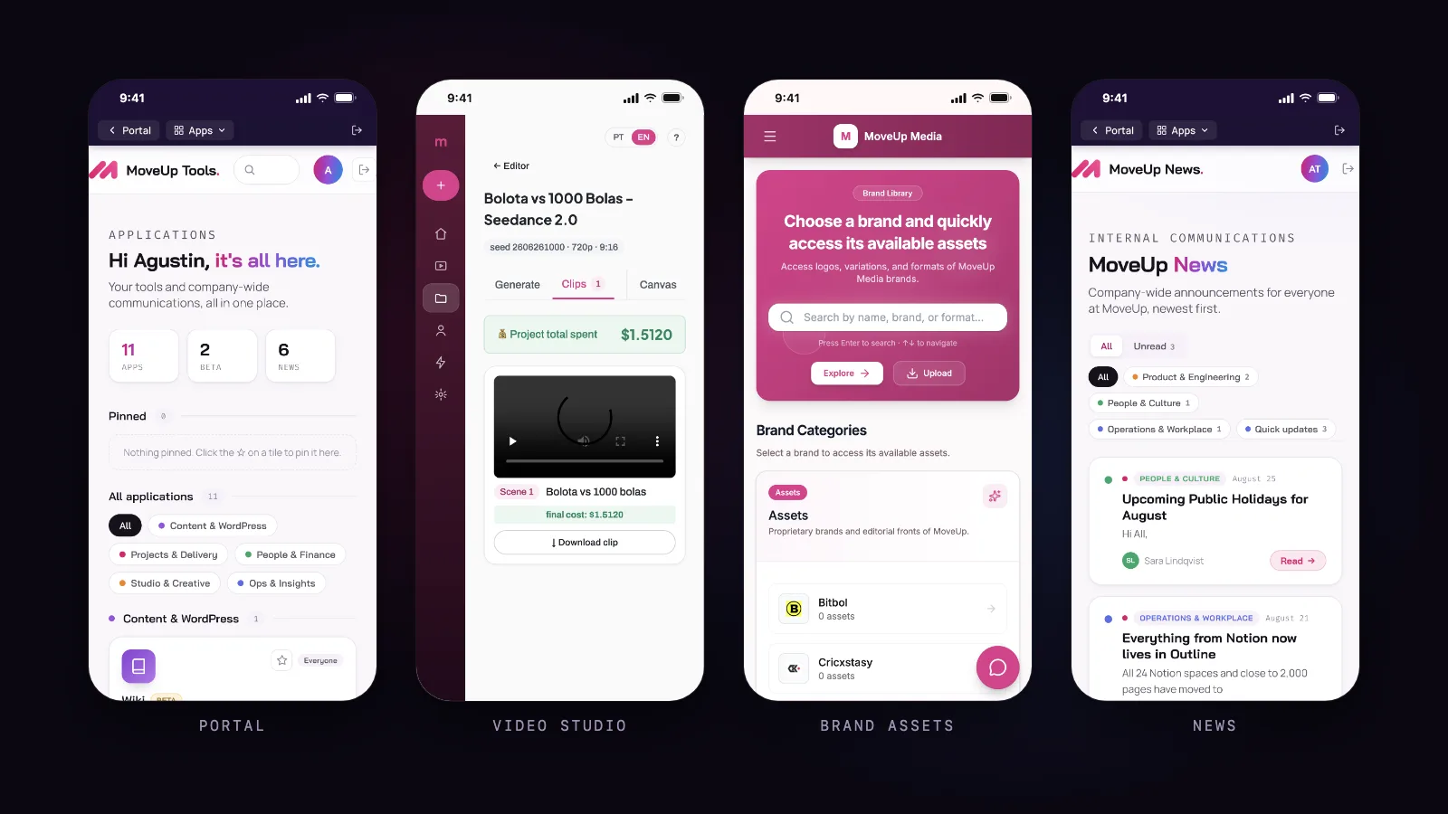 The portal, Video Studio, Brand Assets and News on mobile